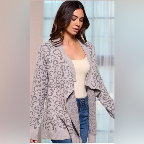 LAST 1️⃣ WOMEN'S LONG SLEEVE OPEN FRONT ANIMAL PRINT SWEATER GRAY CARDIGAN - Picture 4 of 6